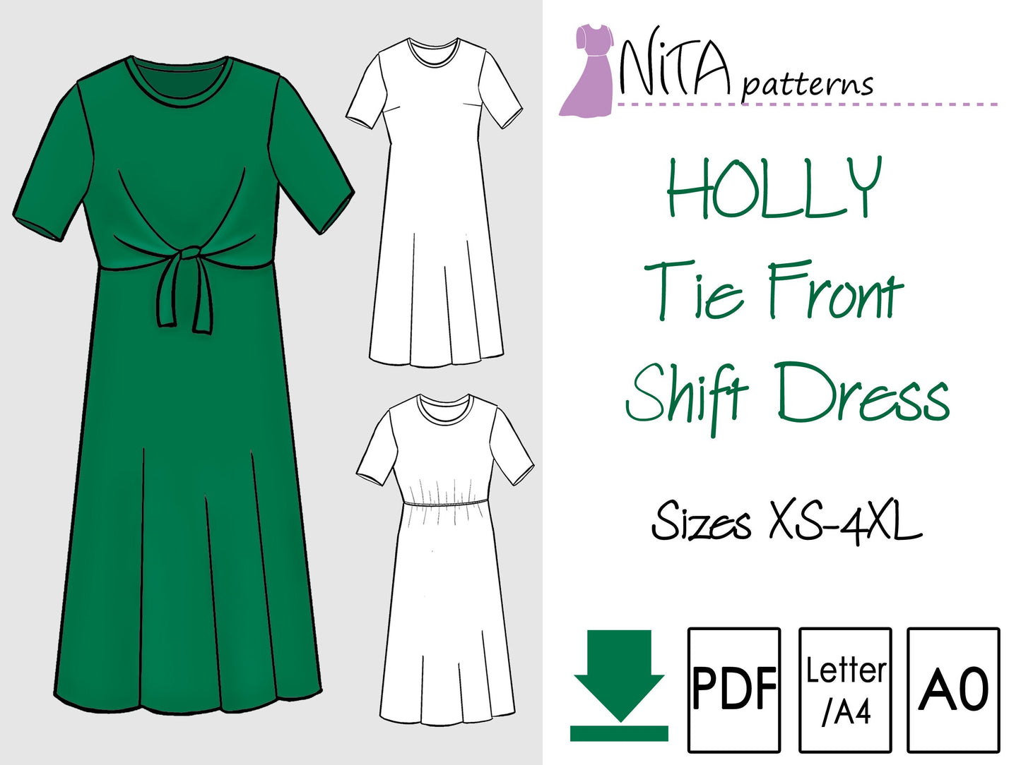 PDF Holly Shift Dress Sewing Pattern| Womens Modest Dress Pattern | Tie Front Knit Dress| Twist Front | NITA patterns