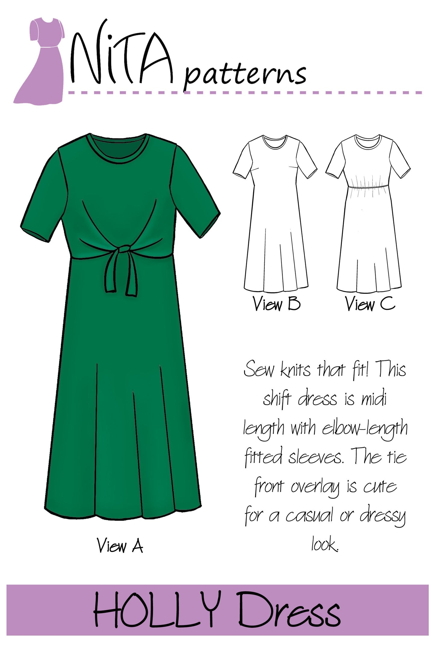 PDF Holly Shift Dress Sewing Pattern| Womens Modest Dress Pattern | Tie Front Knit Dress| Twist Front | NITA patterns