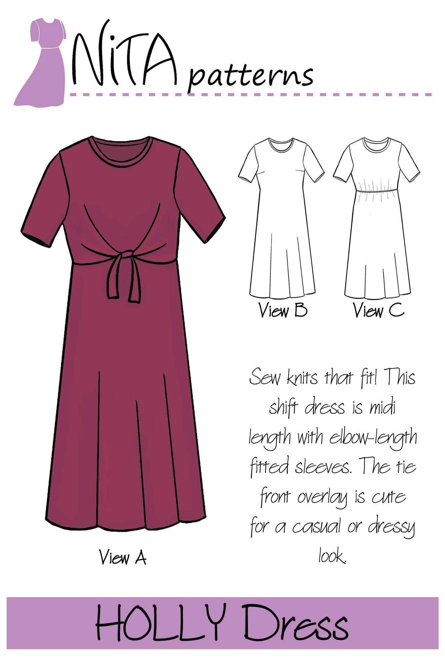 Girls Holly Shift Dress Sewing Pattern| Tie Front Dress Pattern | Beginner Knit Dress| NITA patterns