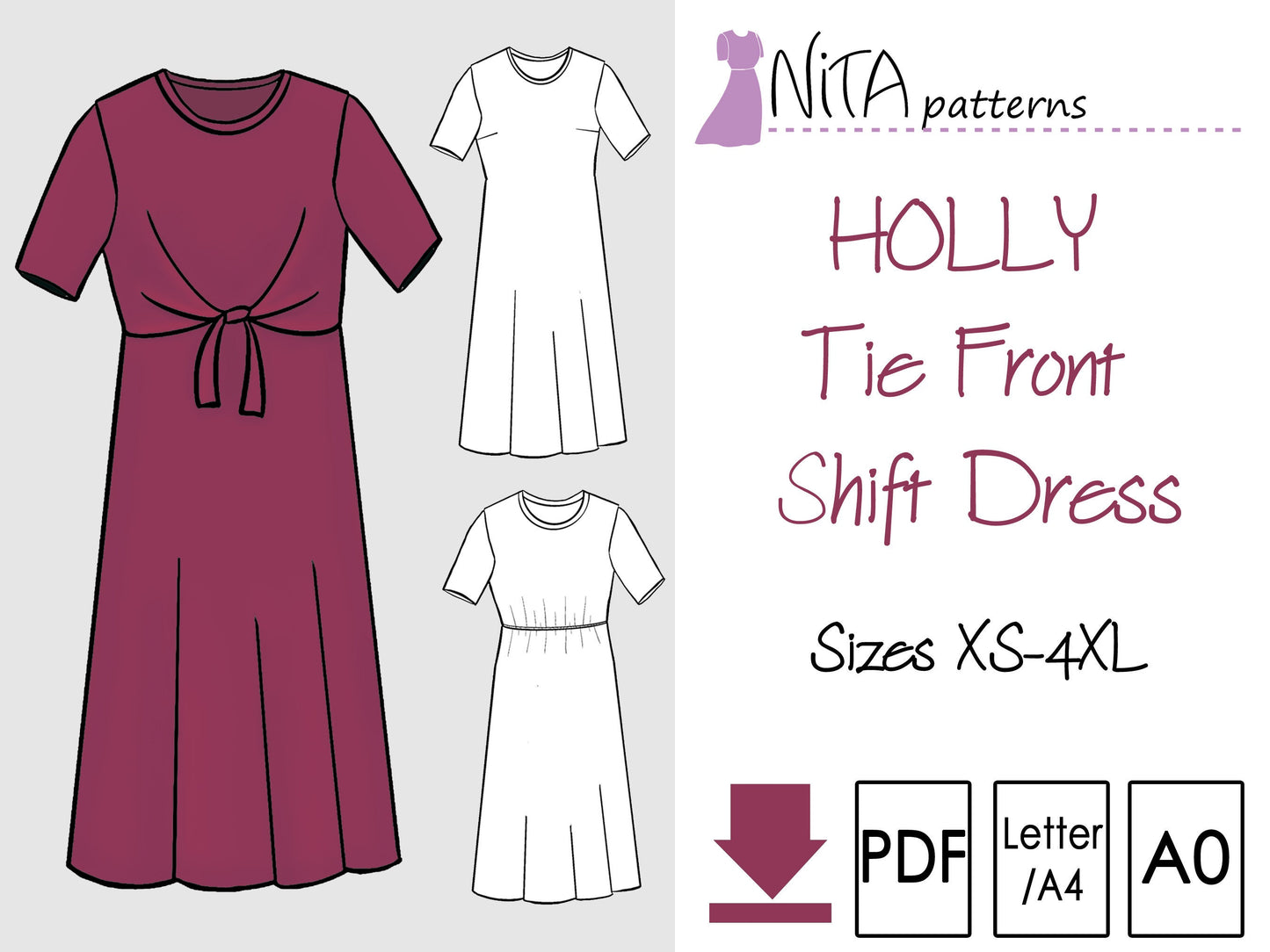 PDF Girls Holly Shift Dress Sewing Pattern| Tie Front Dress Pattern | Twist Front | Beginner Knit Dress