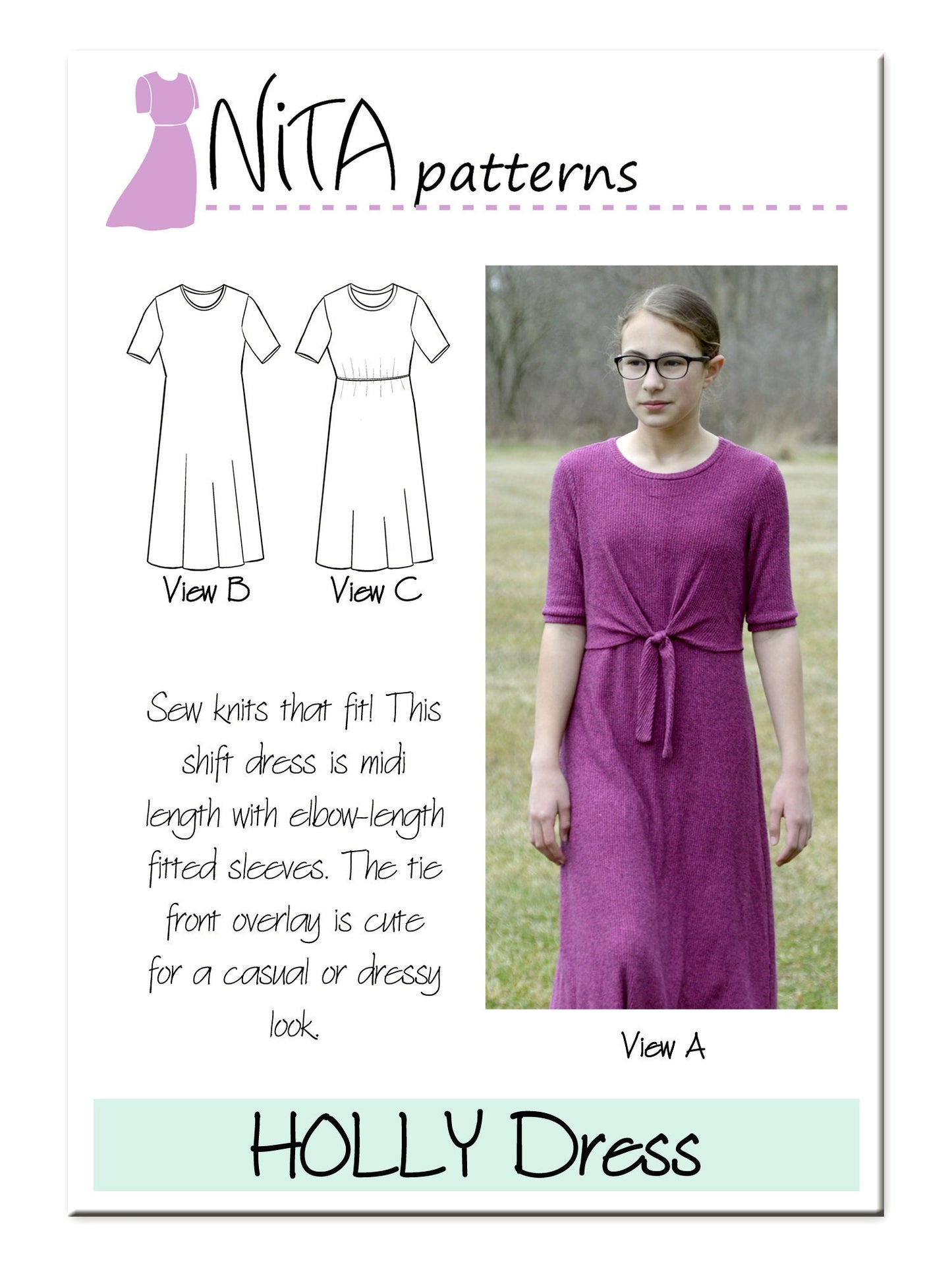 PDF Girls Holly Shift Dress Sewing Pattern| Tie Front Dress Pattern | Twist Front | Beginner Knit Dress