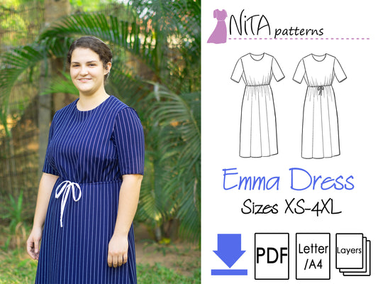 PDF Emma Drawstring Waist Dress Pattern | Bonus Puff Sleeve| Women's Modest Cape Dress | Knit Fabric, Emma Dress NITA patterns