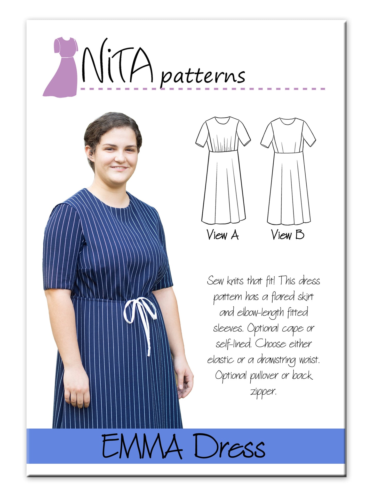PDF Emma Drawstring Waist Dress Pattern | Bonus Puff Sleeve| Women's Modest Cape Dress | Knit Fabric, Emma Dress NITA patterns