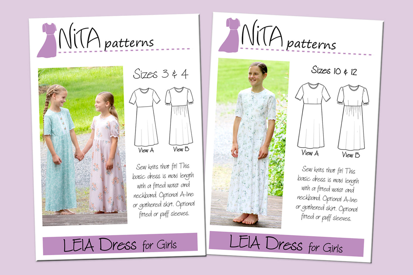 Pattern Leia Girls Maxi Dress | Puff Sleeve, Pullover | Jersey Knit | Girl Sizes 3 4 5 6 7 8 10 12 | NITApatterns