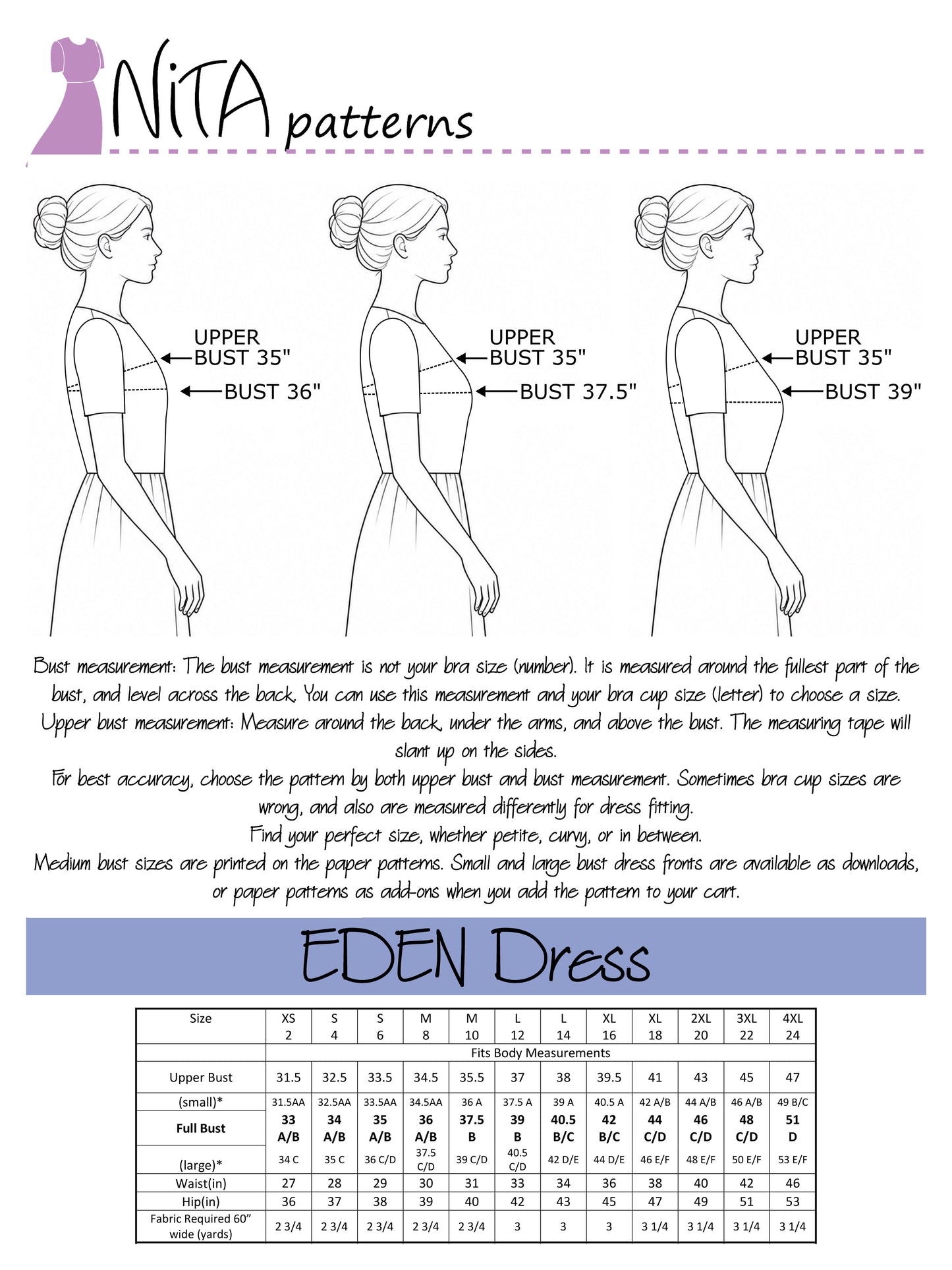 EDEN Add-on: Small and Large Bust paper patterns: for wovens - NITA patterns